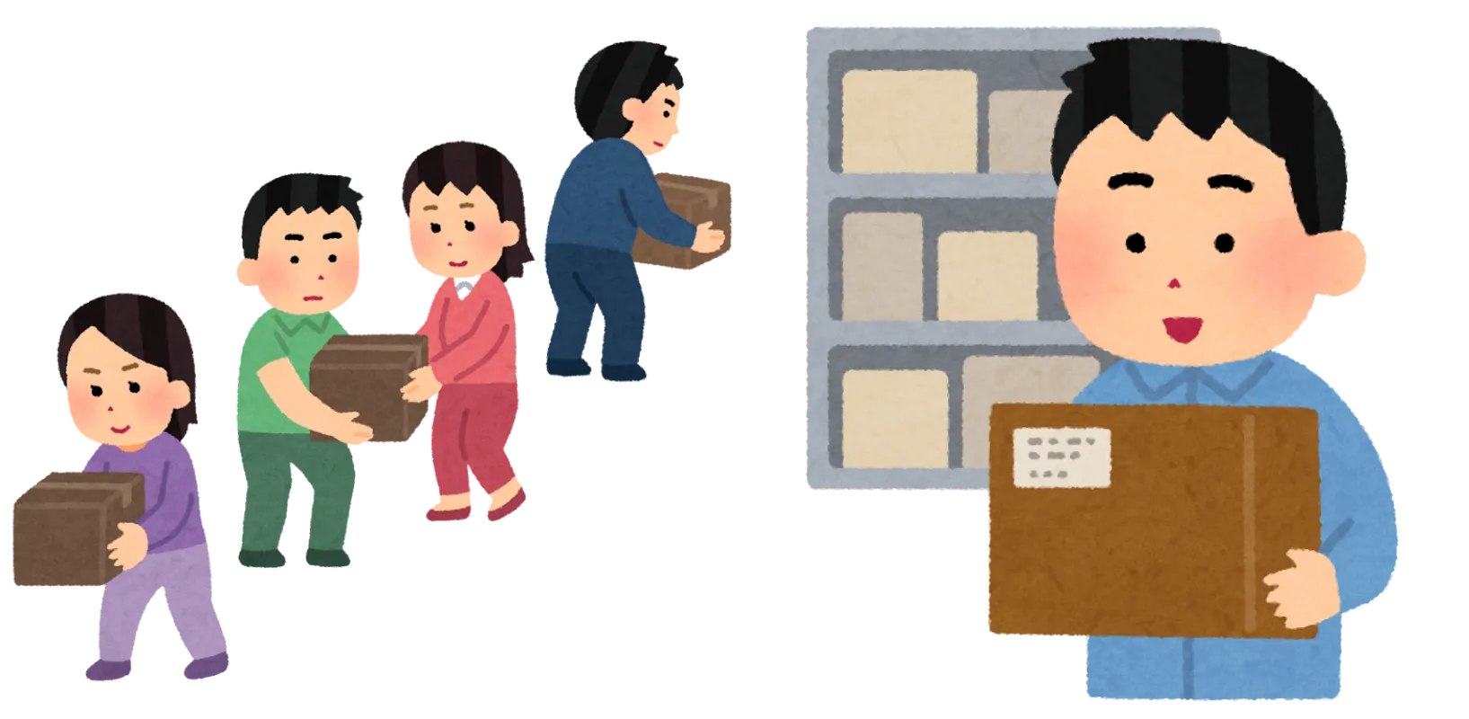 左にバケツリレーをしている画像、右に一人で荷物を運んでいる画像