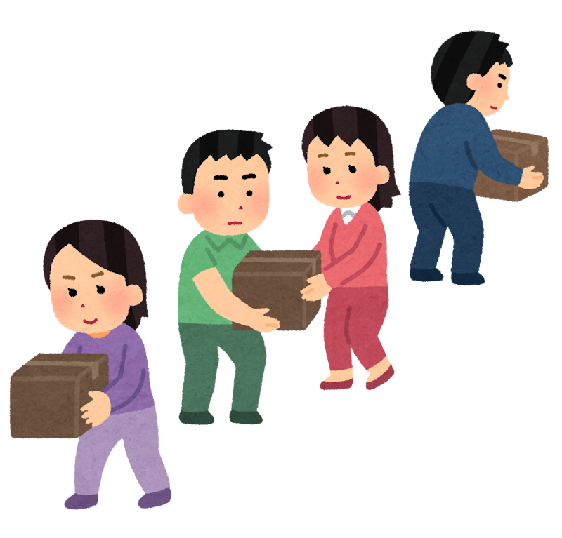 箱を手渡しで運ぶバケツリレー